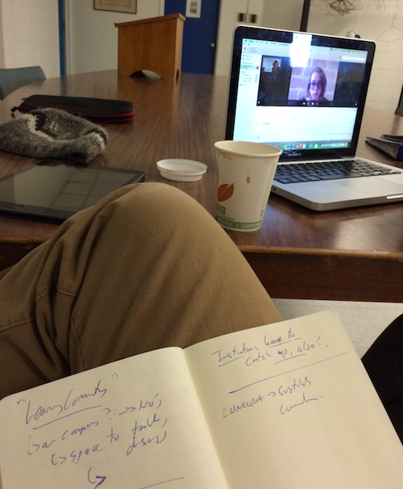 A learning space for discussion and collaboration: computer, SKYPE, coffee & notebooks. 